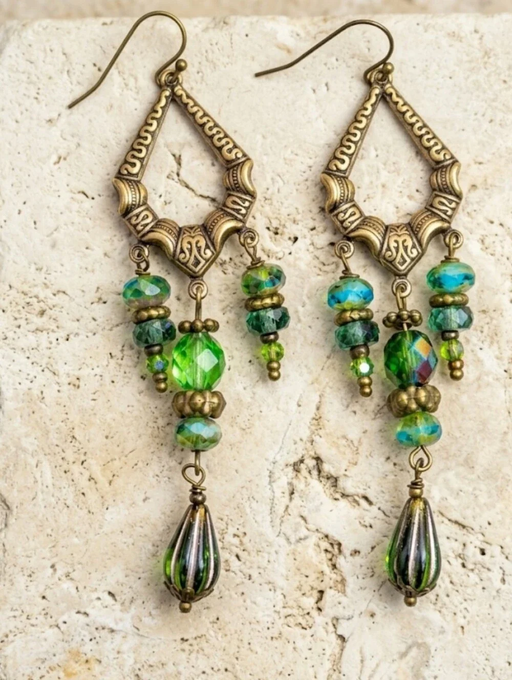 FIESTA Green Glass & Crystal In Artisan Antique Bronze Victorian Style Earrings
